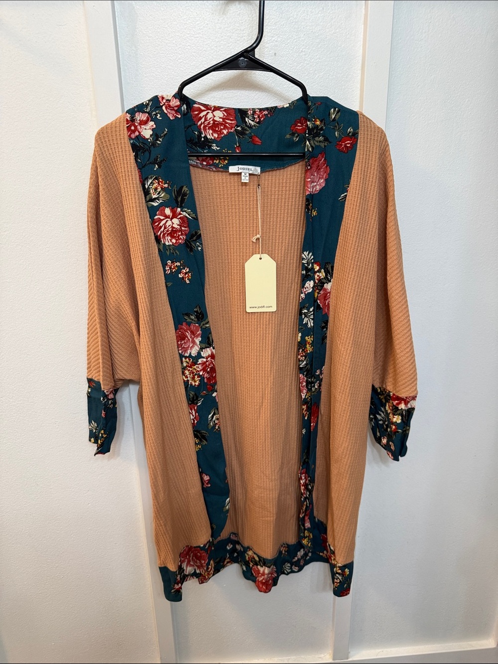JODIFL Tan Waffle Knit Cardigan with Teal Floral Trim